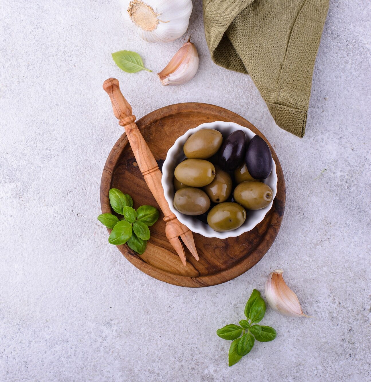 Bowl with Greek green and black olives