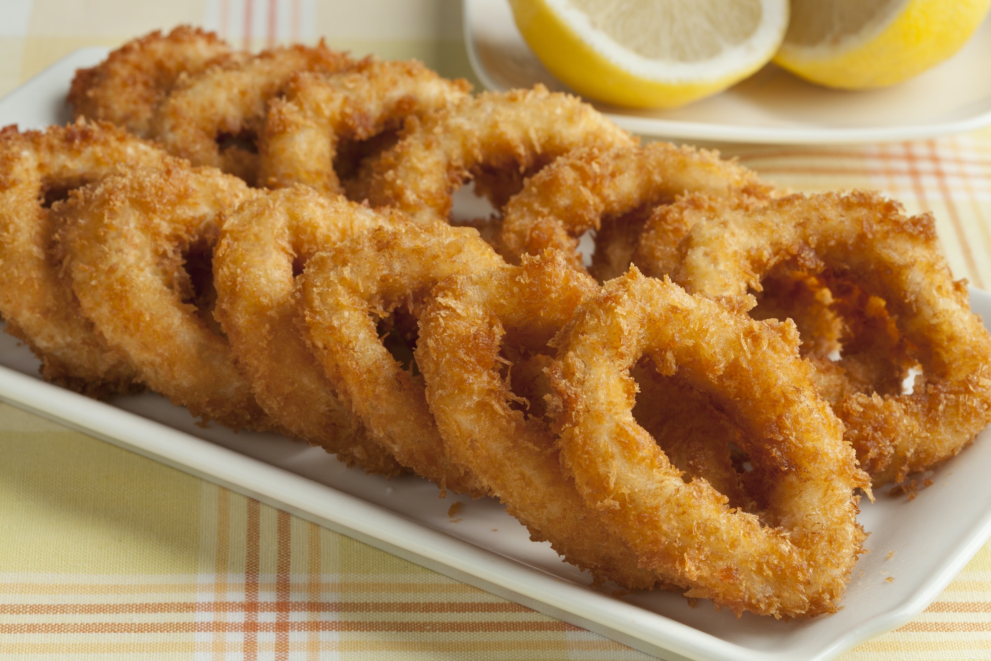Deep fried squid rings in breadcrumbs